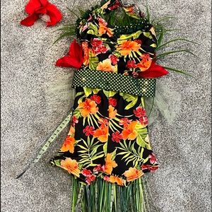 3-PC Custom-Made Tropical Print Green Rhinestone & Faux Floral Greenery Costume